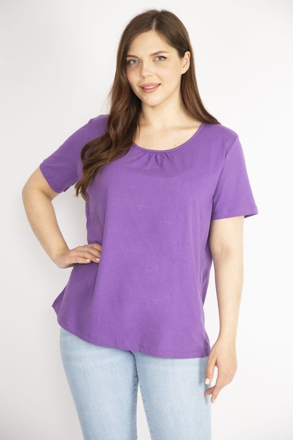 Şans Şans Women's Lilac Plus Size Cotton Fabric Collar Gathered Short Sleeve Blouse