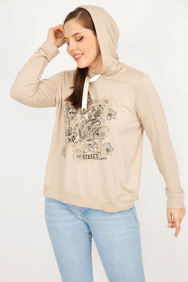 Şans Şans Women's Mink Large Size Hooded Print and Stone Detailed Sweatshirt