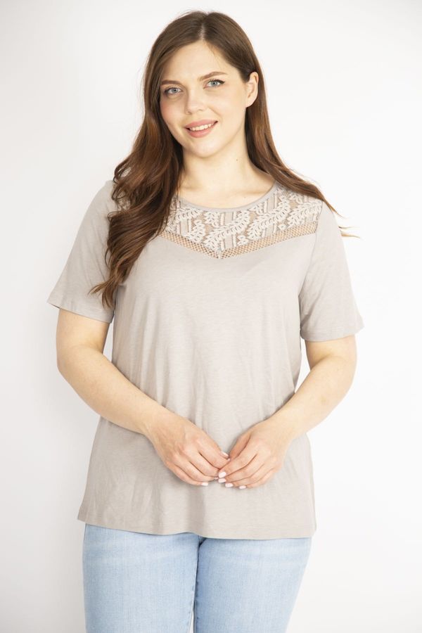 Şans Şans Women's Mink Plus Size Collar Lace Detailed Short Sleeve Blouse