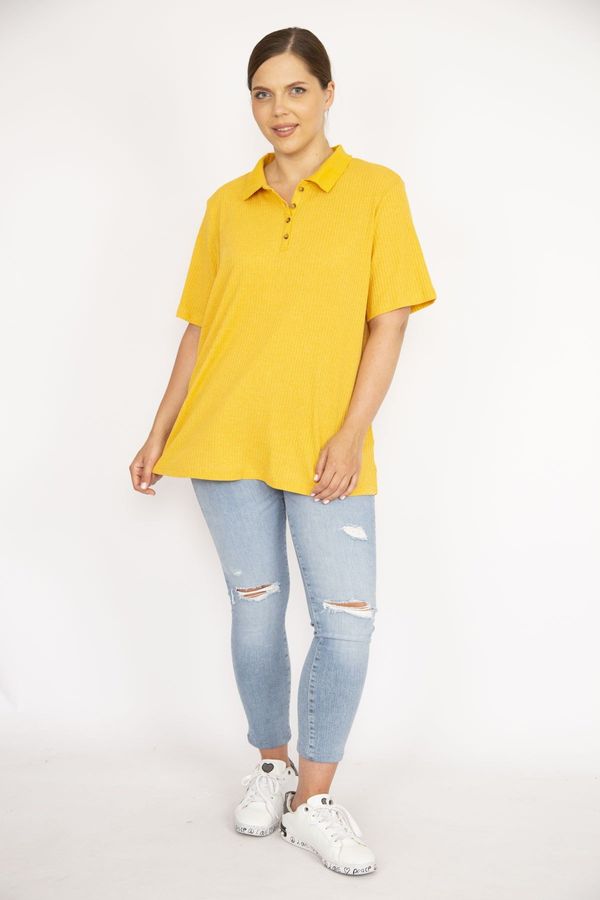Şans Şans Women's Mustard Plus Size Polo Neck Front Placket Buttoned Camisole Fabric Short Sleeve Blouse