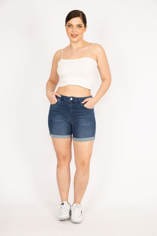 Şans Şans Women's Navy Blue Large Size 5 Pockets Skinny Denim Shorts