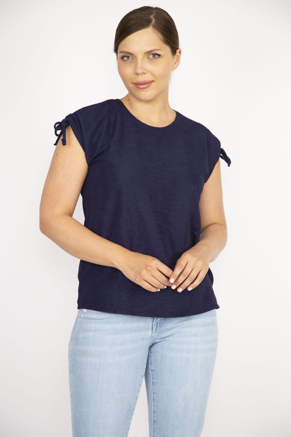 Şans Şans Women's Navy Blue Large Size Shoulder Lace-Up Polyester Fabric Blouse