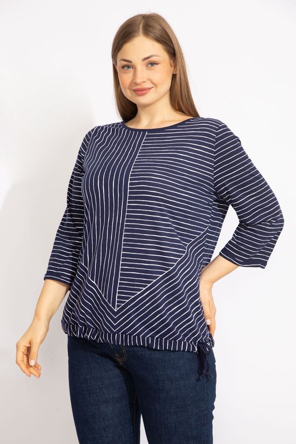Şans Şans Women's Navy Blue Plus Size Cotton Fabric Striped Combine Blouse
