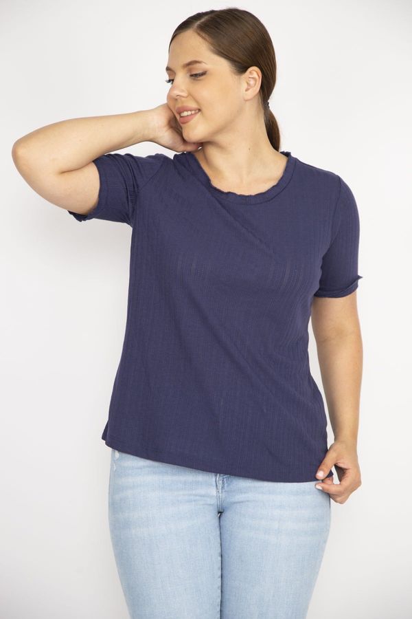 Şans Şans Women's Navy Blue Plus Size Self Striped Short Sleeve Blouse