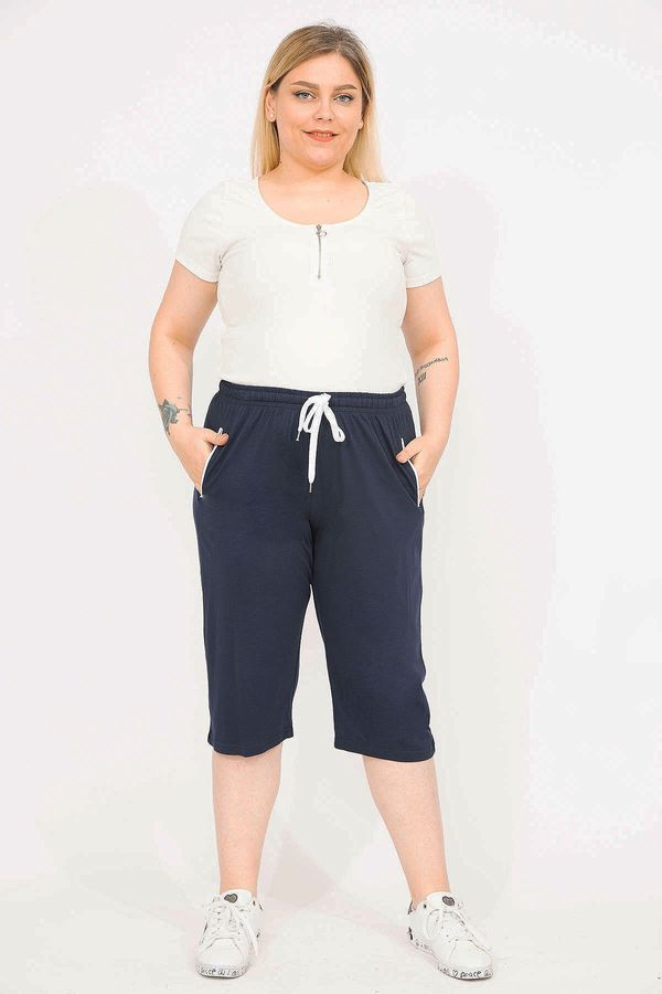 Şans Şans Women's Navy Blue Plus Size Side Pocket Tracksuit Capri