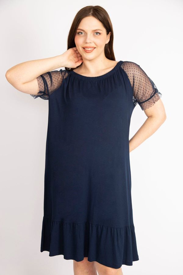 Şans Şans Women's Navy Blue Plus Size Sleeves Tulle Neck Elastic Detail Layered Hem Dress