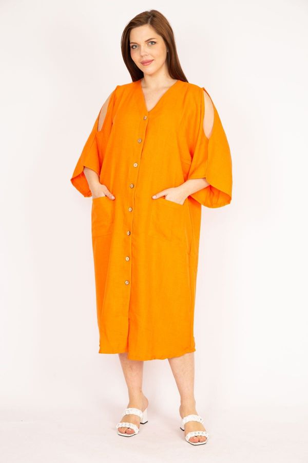 Şans Şans Women's Orange Plus Size Decollete Decollete Front Buttoned Dress