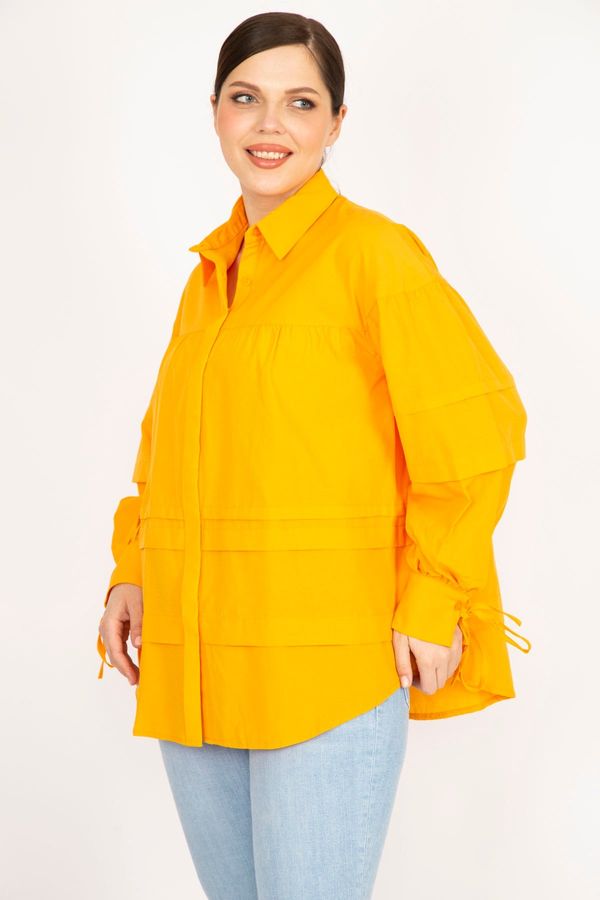 Şans Şans Women's Orange Plus Size Hidden Pat Front Length Buttoned Stitching Detail Shirt