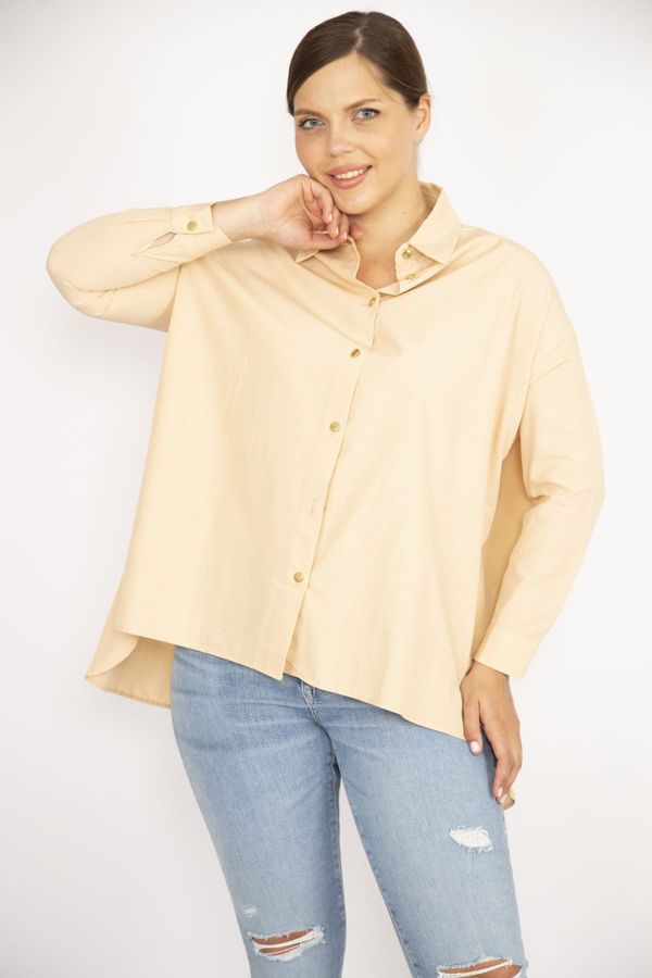 Şans Şans Women's Plus Size Beige Poplin Fabric Long Sleeve Shirt with Buttons and Side Slits