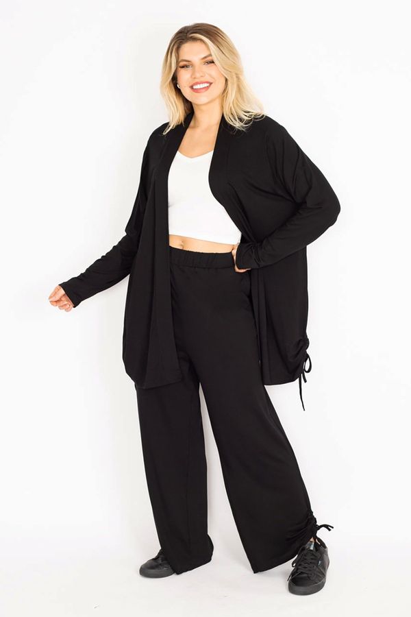 Şans Şans Women's Plus Size Black Cardigan and Pants Suit with Side Lace-Up Detail