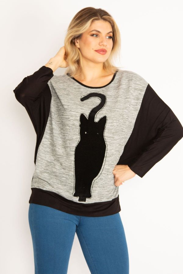 Şans Şans Women's Plus Size Black Cat Figured Flock Print And Stone Detailed Two-tone Tunic