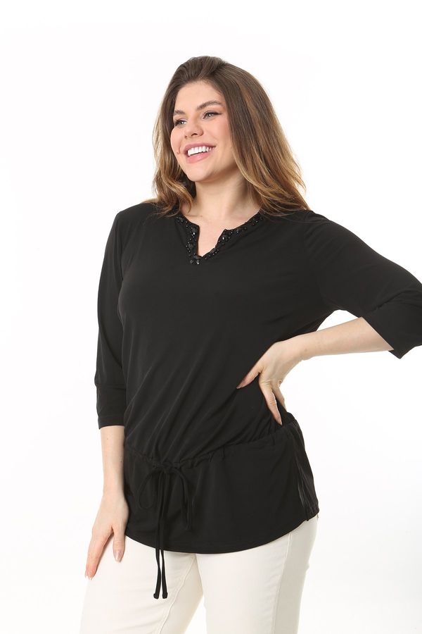 Şans Şans Women's Plus Size Black Collar Stone Detailed Front Laced Tunic