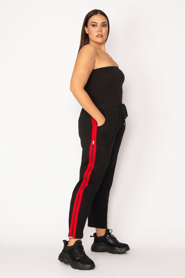 Şans Şans Women's Plus Size Black Combi Pants with Zippered Opening and Elastic Waist.