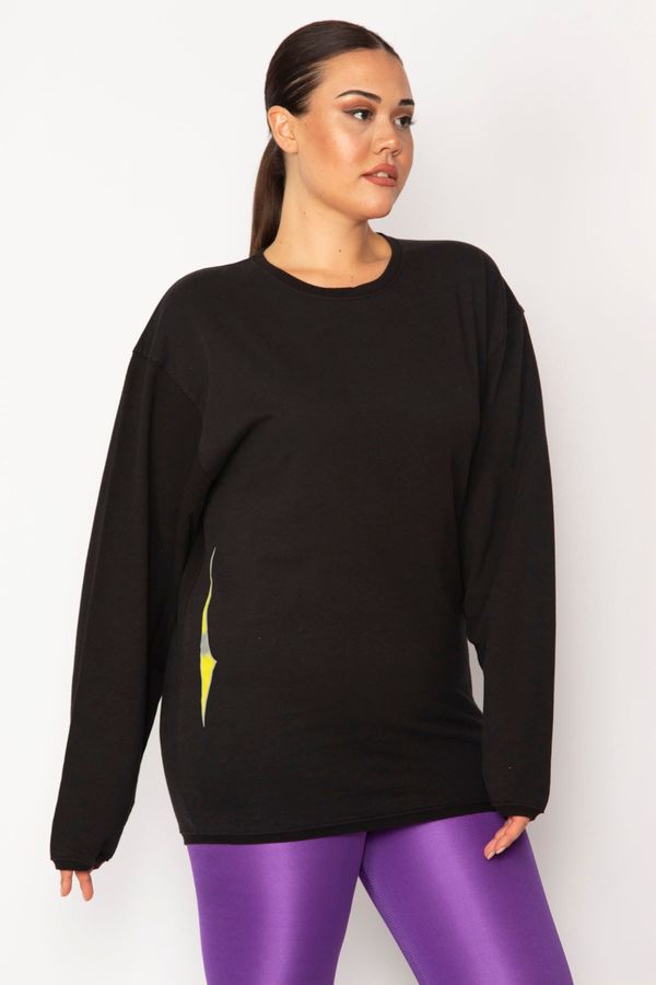 Şans Şans Women's Plus Size Black Cotton Fabric Crew Neck Print Detail Sweatshirt