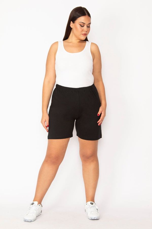 Şans Şans Women's Plus Size Black Cotton Fabric Shorts with Elastic Waist