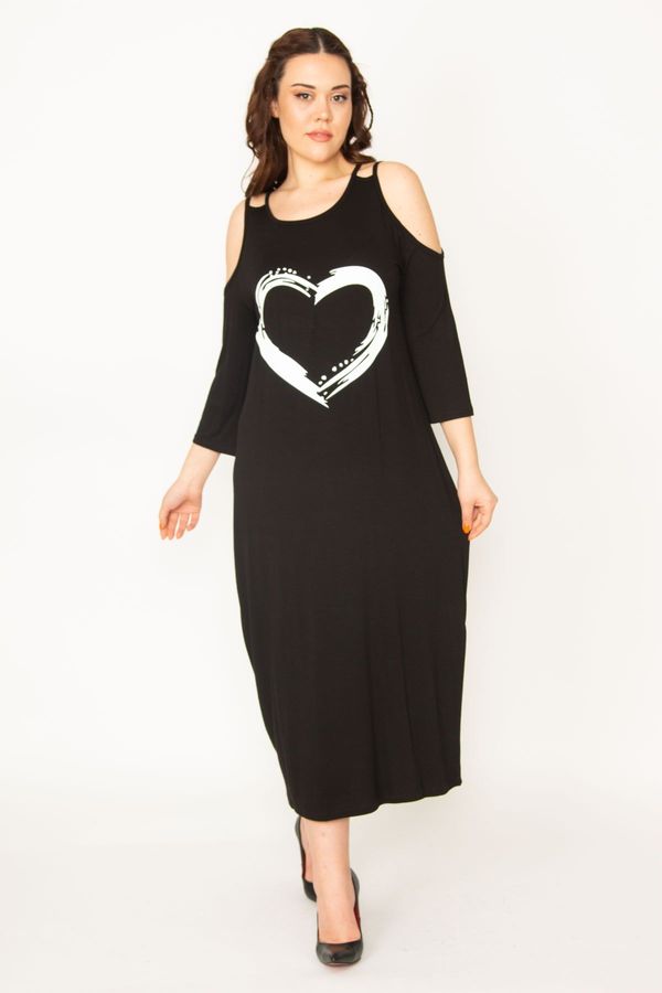 Şans Şans Women's Plus Size Black Decollete Decollete Front Printed Dress