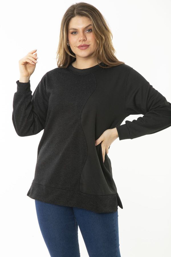 Şans Şans Women's Plus Size Black Dueble Face Fabric Color Combined Sweatshirt