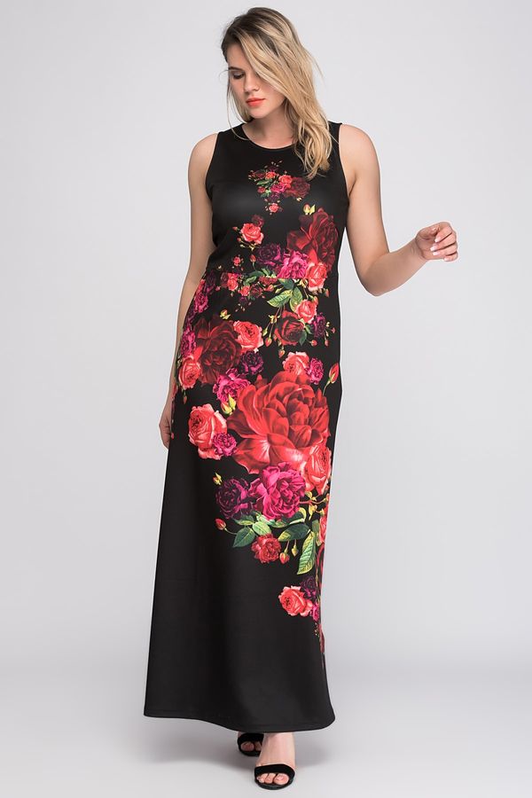 Şans Şans Women's Plus Size Black Floral Pattern Long Dress