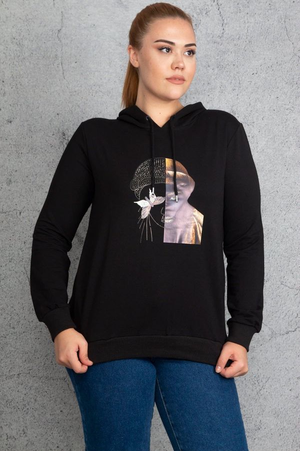 Şans Şans Women's Plus Size Black Front Print And Stone Detail Hooded Sweatshirt
