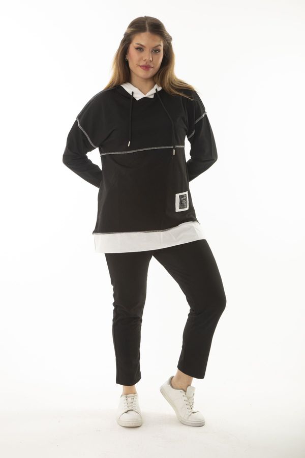 Şans Şans Women's Plus Size Black Garni and Stitching Detail Hooded Sweatshirt Pants Double Suit