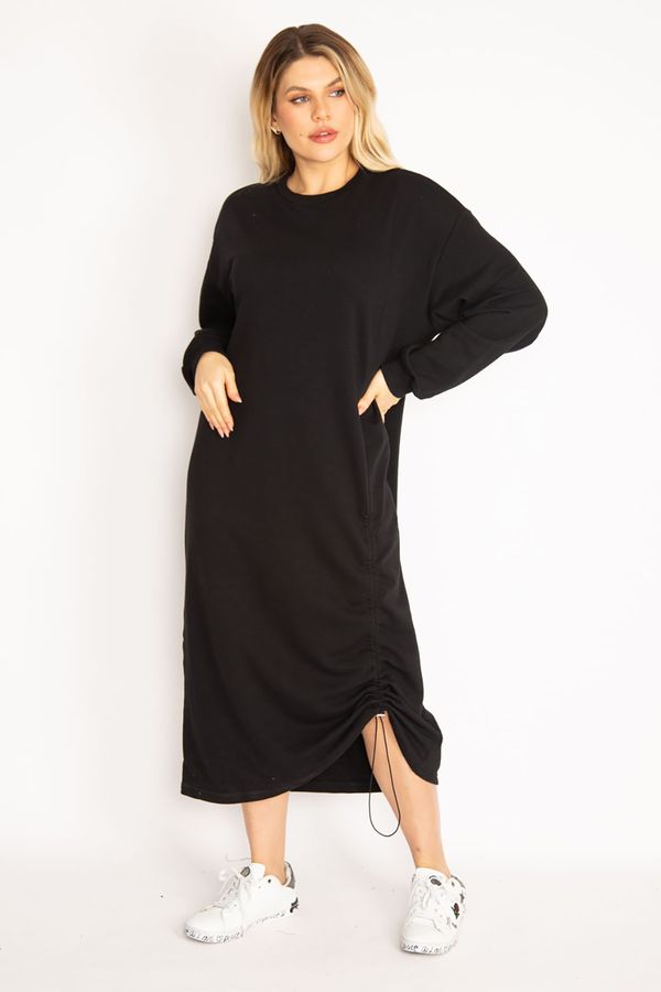 Şans Şans Women's Plus Size Black Gathered Detailed Sweatshirt Dress
