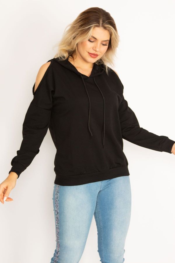 Şans Şans Women's Plus Size Black Hooded Sweatshirt with Decollete