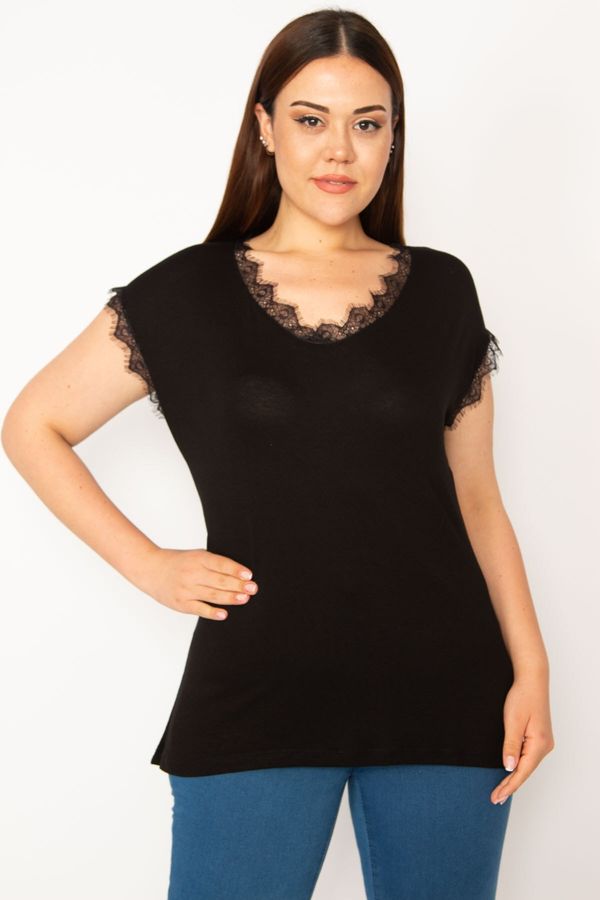 Şans Şans Women's Plus Size Black Lace Detailed Blouse