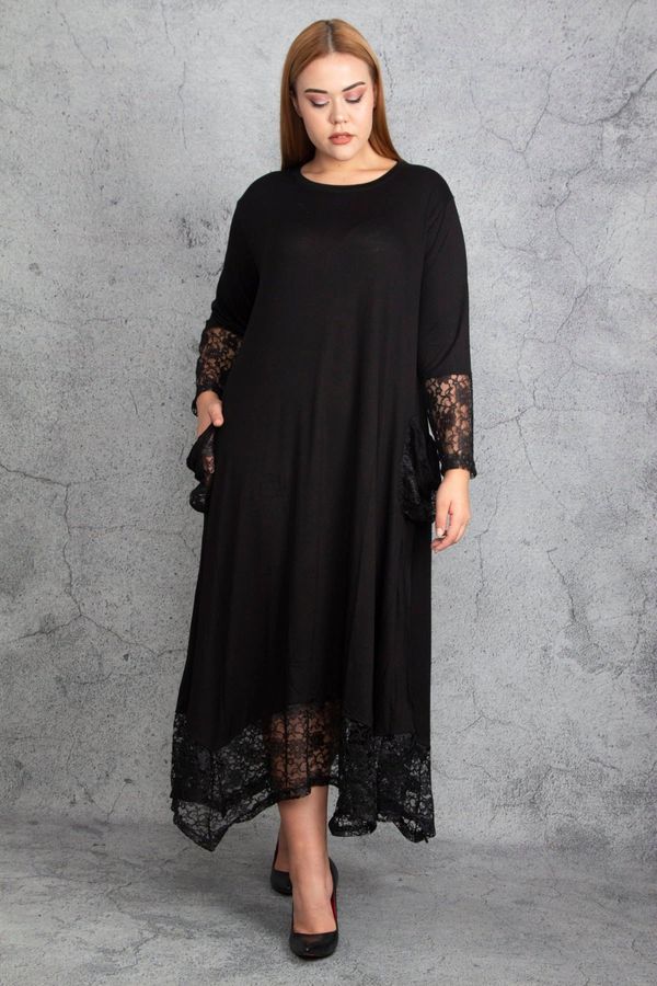 Şans Şans Women's Plus Size Black Lace Detailed Viscose Long Sleeve Dress