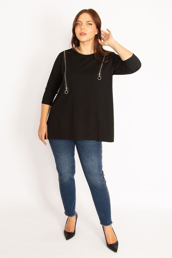 Şans Şans Women's Plus Size Black Ornamental Zippered Sweatshirt