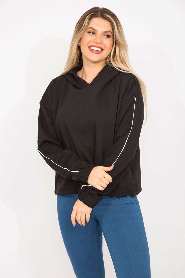 Şans Şans Women's Plus Size Black Piping Detail Hooded Sweatshirt