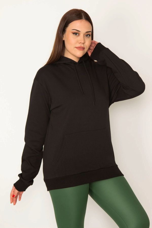 Şans Şans Women's Plus Size Black Rayon 3 Threads Kangaroo Pocket Hooded Sweatshirt