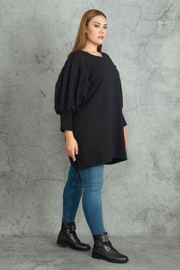 Şans Şans Women's Plus Size Black Sleeve Detailed Inner Raising Sweatshirt Dress