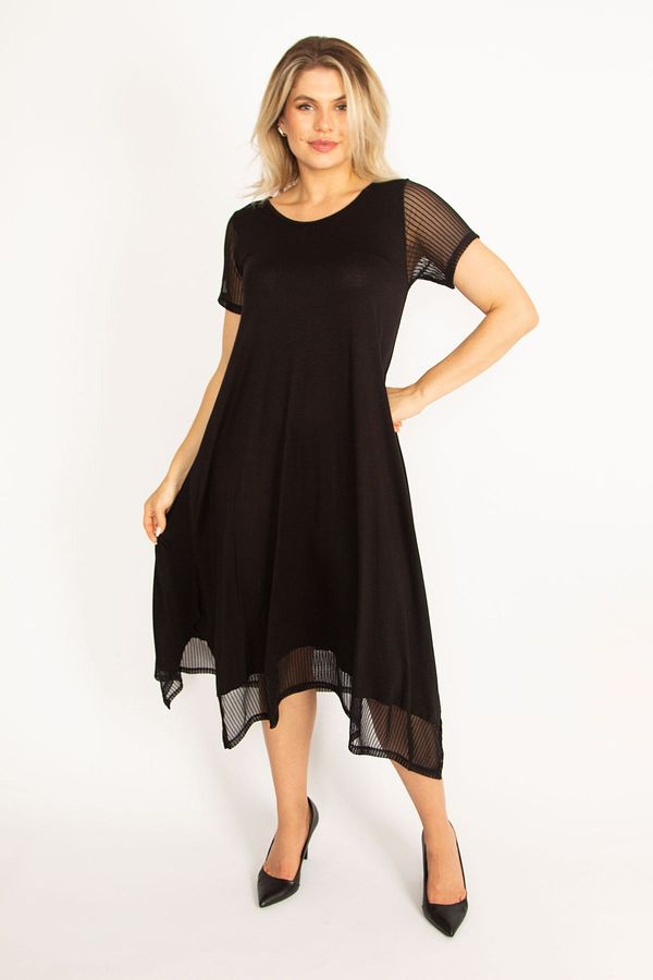 Şans Şans Women's Plus Size Black Sleeves And Hem Tulle Detailed Side Slit Dress