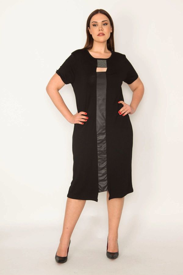 Şans Şans Women's Plus Size Black Stone And Collar Detailed Faux Leather Garnish Viscose Dress
