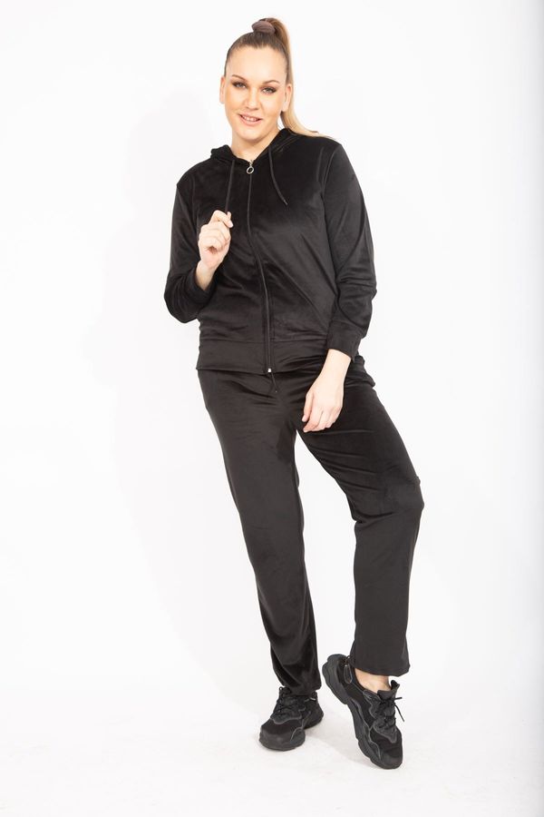 Şans Şans Women's Plus Size Black Velvet Fabric Sweatshirt Trousers Double Suit
