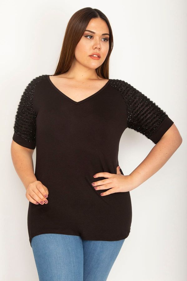 Şans Şans Women's Plus Size Black Viscose Blouse with Sleeve Detail