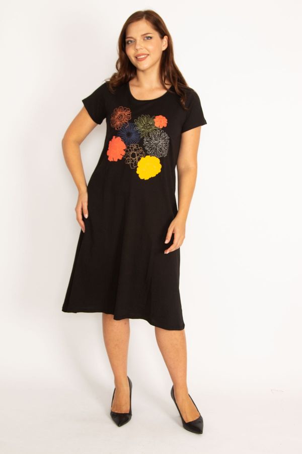 Şans Şans Women's Plus Size Black Viscose Dress With Embroidery