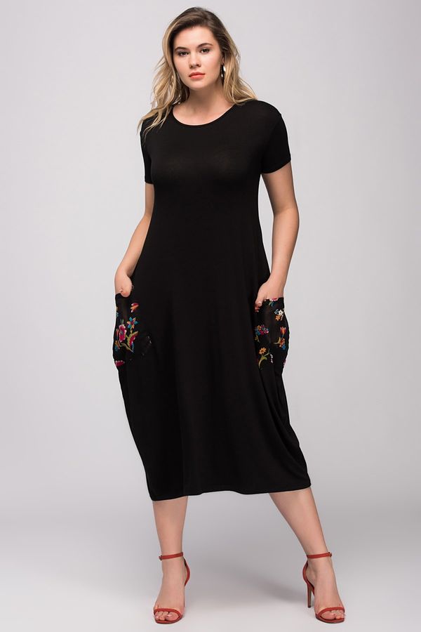 Şans Şans Women's Plus Size Black Viscose Dress With Writing Pocket