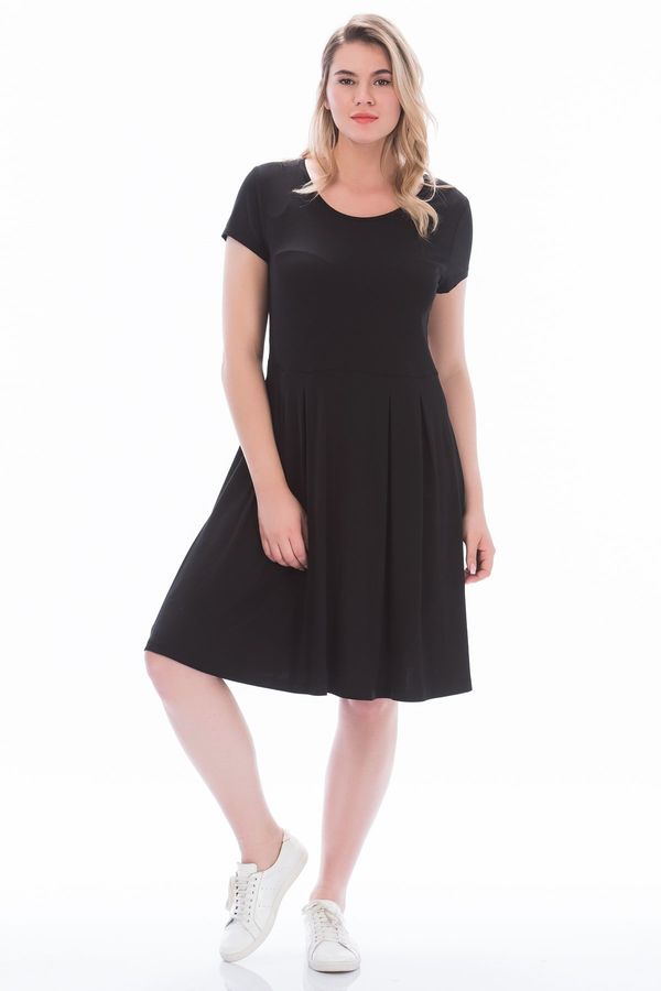 Şans Şans Women's Plus Size Black Viscose Fabric Pleat Detailed Short Sleeve Dress
