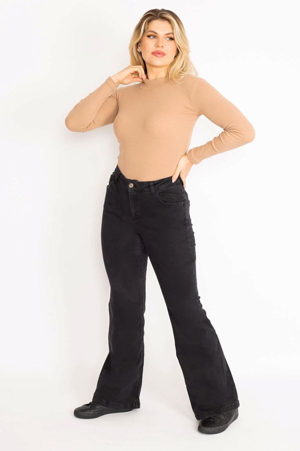 Şans Şans Women's Plus Size Black Wide Leg Lycra 5-Pocket Jeans Trousers