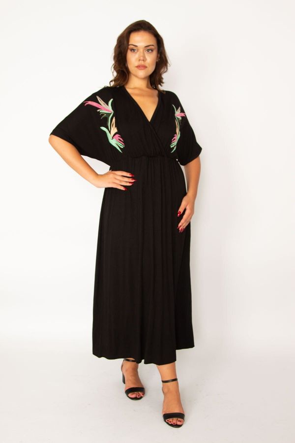 Şans Şans Women's Plus Size Black Wrapover Collar Dress With Elastic Waist And Embroidery Detail