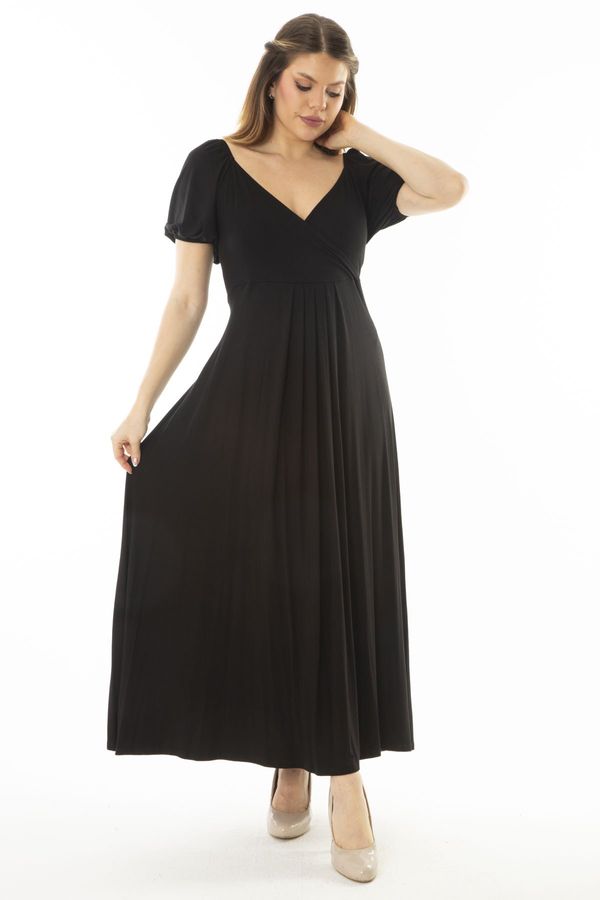Şans Şans Women's Plus Size Black Wrapped Collar Long Dress With Elastic Detailed Sleeves