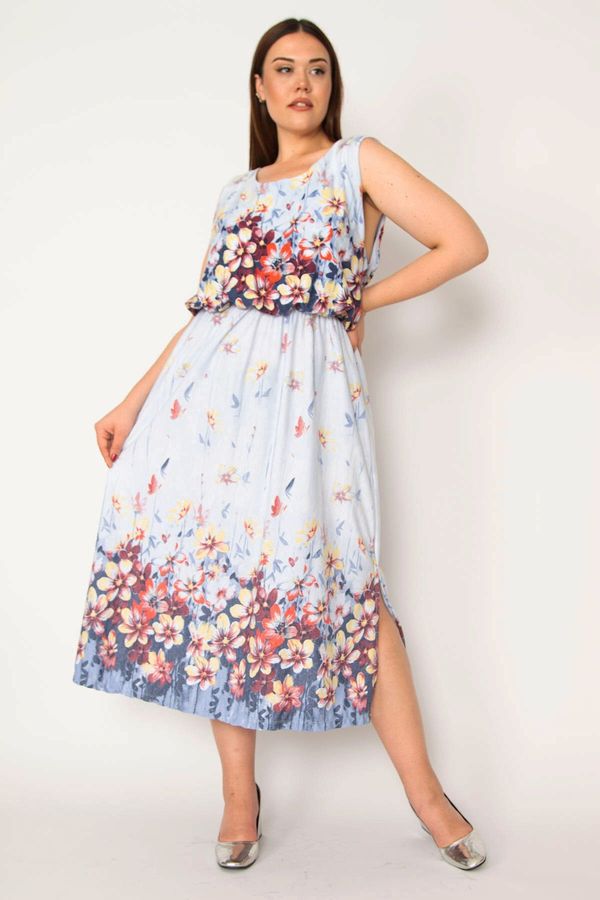 Şans Şans Women's Plus Size Blue Elastic Waist Patterned Patterned Dress