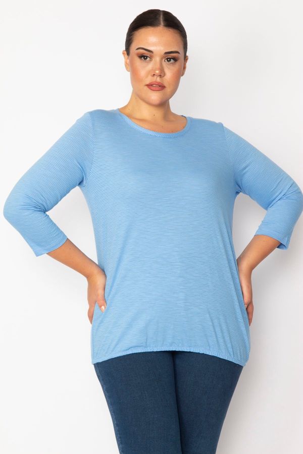 Şans Şans Women's Plus Size Blue Hem Elastic Detailed Capri Sleeve Pinstripe Blouse