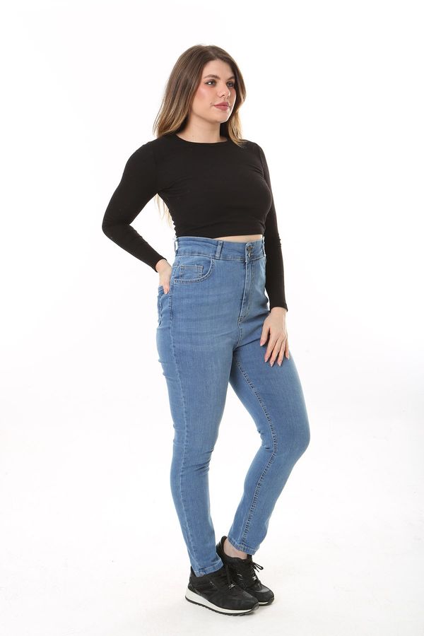 Şans Şans Women's Plus Size Blue High Waist Skinny Leg Lycra 5 Pocket Jeans