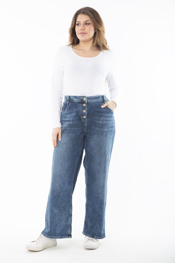 Şans Şans Women's Plus Size Blue Lycra 5 Pocket Wide Leg Front Buttoned Jeans