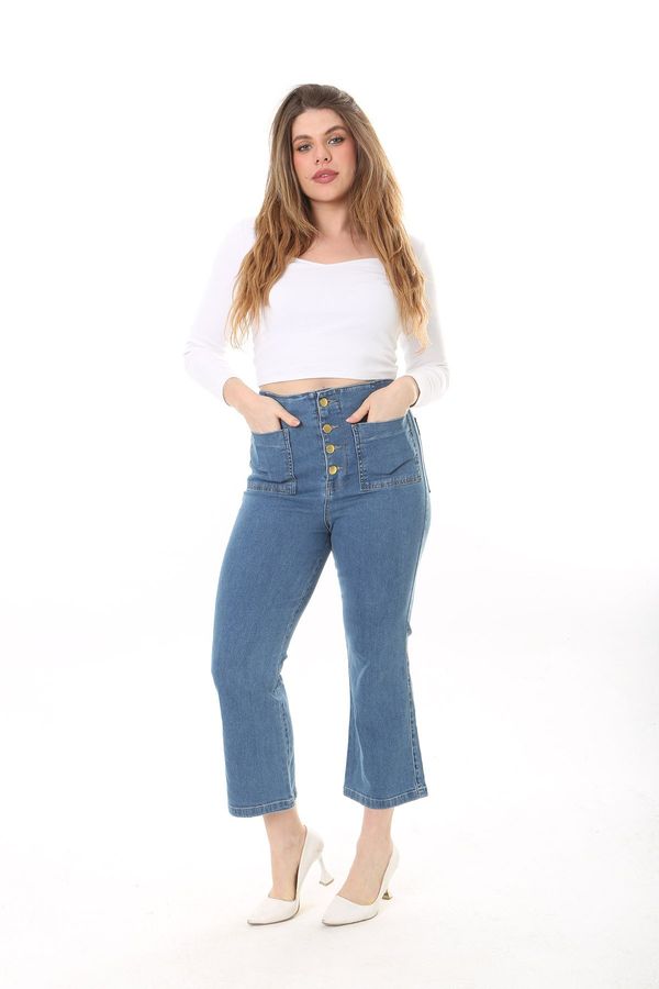 Şans Şans Women's Plus Size Blue Metal Button Front And Back 4 Pocket Jeans