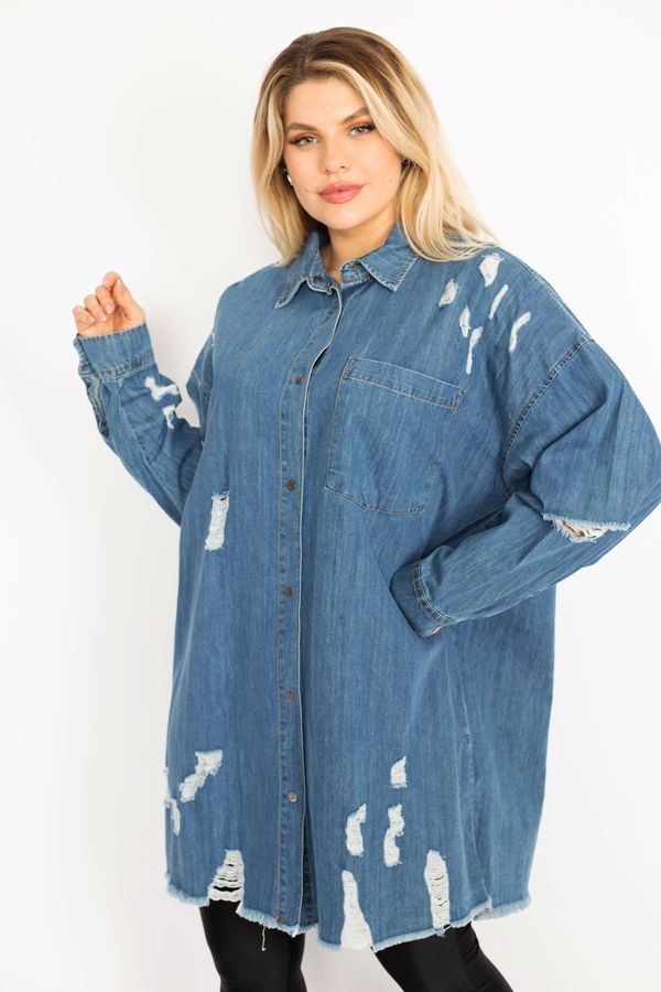 Şans Şans Women's Plus Size Blue Ripped Detailed Loose Cut Oversized Denim Tunic Jacket