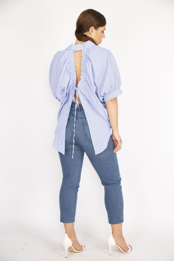 Şans Şans Women's Plus Size Blue Shirt with a slit and laces detail at the back and front button down