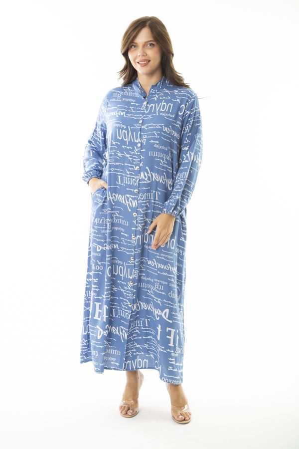 Şans Şans Women's Plus Size Blue Woven Viscose Fabric Front Length Buttoned Long Sleeve Dress